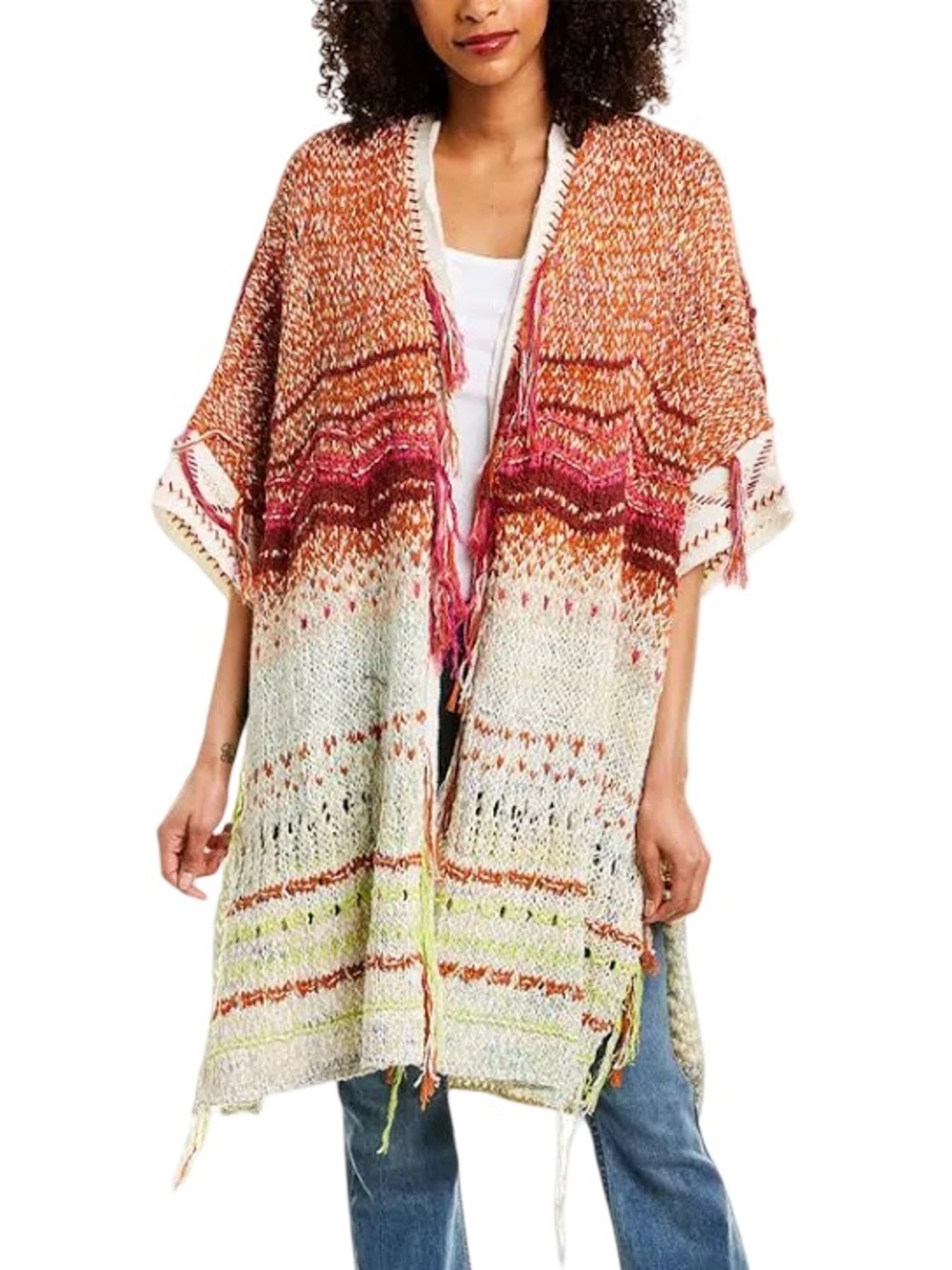 Free People Skies the Limit Cardigan/sweater/poncho Dessert Dream Fringe Boho - Picture 6 of 13